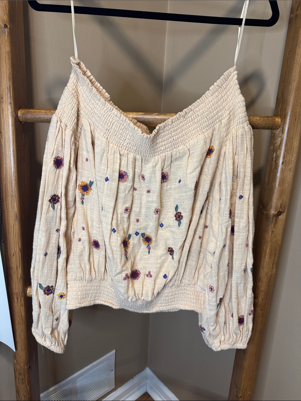 Free People Cream Embroidered Floral Off-Shoulder Top - Picture 2 of 2